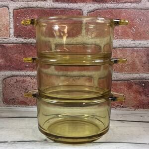 3 Vintage FORTECRISA Bakeware Amber/Yellow Ramekins‎ with Handles Made in Mexico